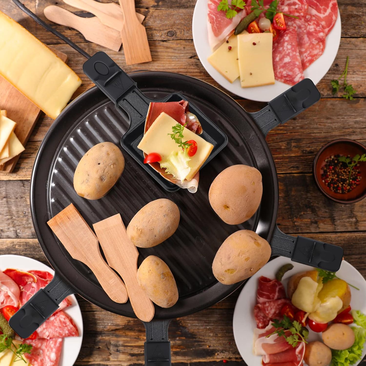 Mini Raclette Set 4 poêlons antiadhésifs, plateaux bois, portable