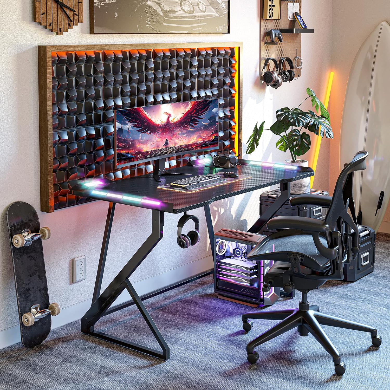 BEXEVUE - Armor - 100x50 cm - Bureau gaming RGB carbone, cadre Z, crochet casque