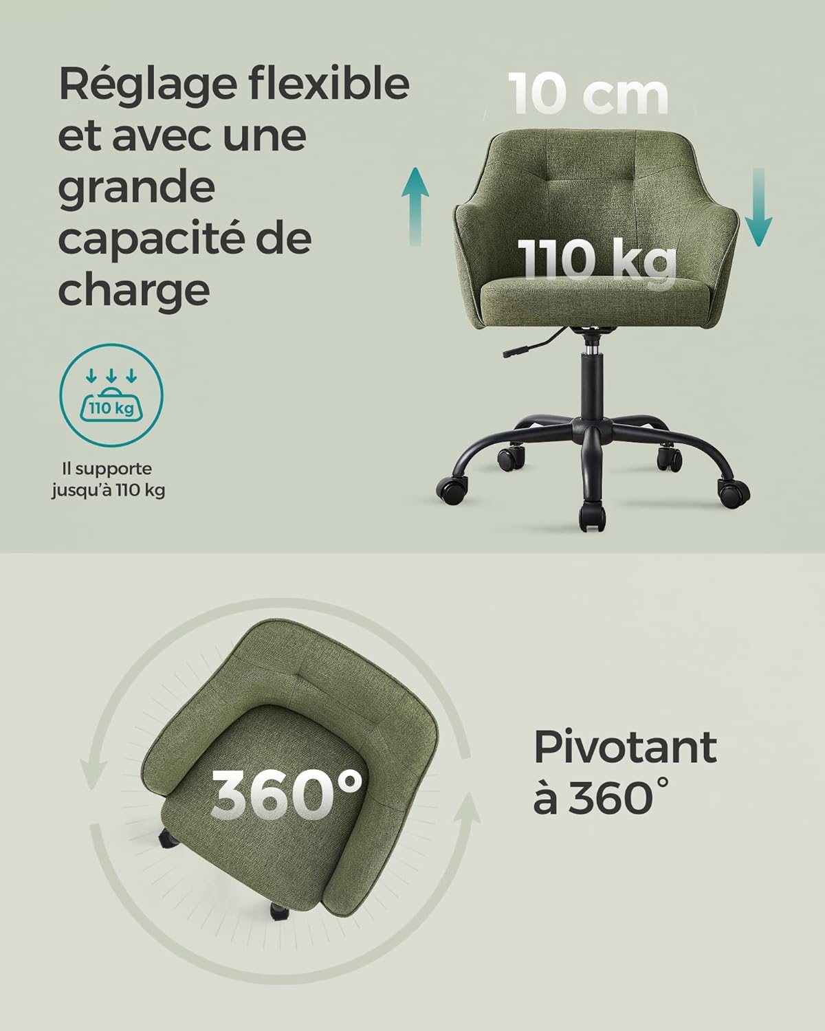 SONGMICS - fauteuil ergonomique - tissu coton-lin - acier, 110kg, réglable - OBG019C01