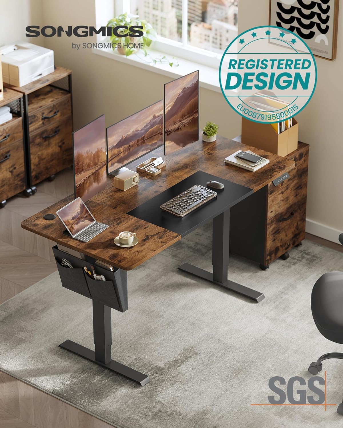 SONGMICS - bureau électrique réglable - 140x60 cm - mémoire 4 hauteurs, marron rustique/noir - LSD016X01