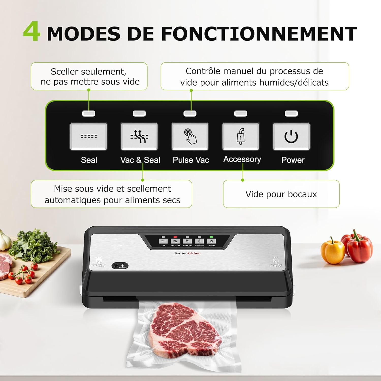Bonsenkitchen - machine sous vide, intégrée coupe-sac, rangement, 1 rouleau, 5 sacs, noire