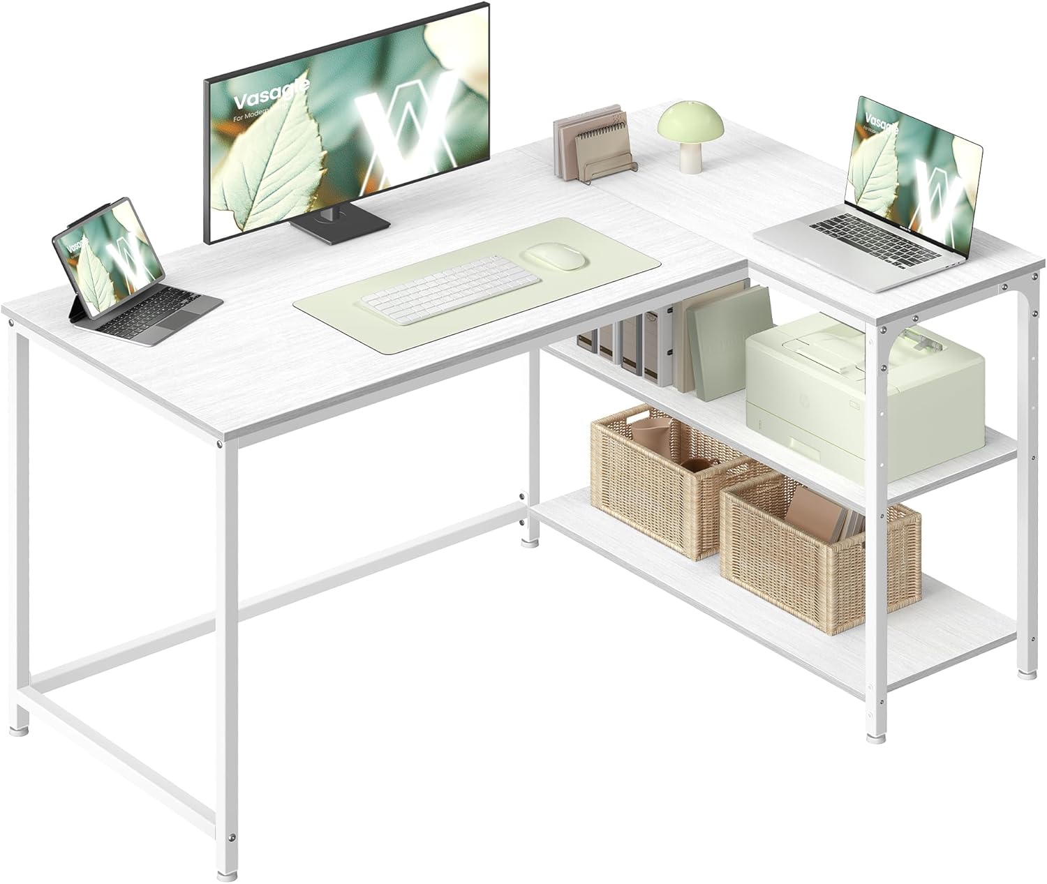 VASAGLE - bureau gaming réversible 120x80cm, étagères réglables, LWD136WF01