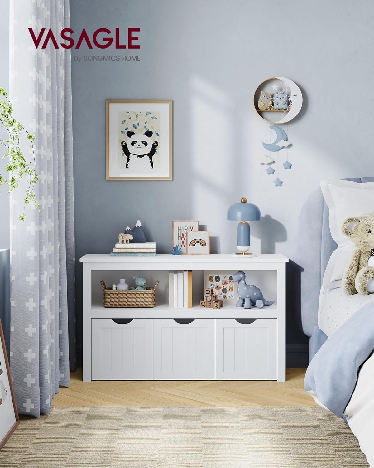 VASAGLE - meuble de rangement enfant - 30x102x60 cm - 3 bacs à roulettes, armoire blanche LHS380W01