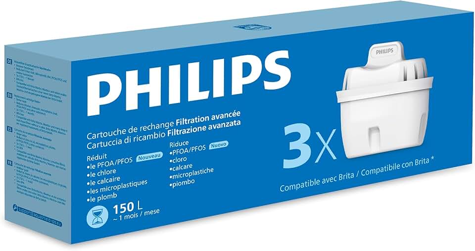 Philips - cartouches filtrantes - lot de 3 - anti-microplastiques, calcaire, chlore, métaux lourds, compatible Brita
