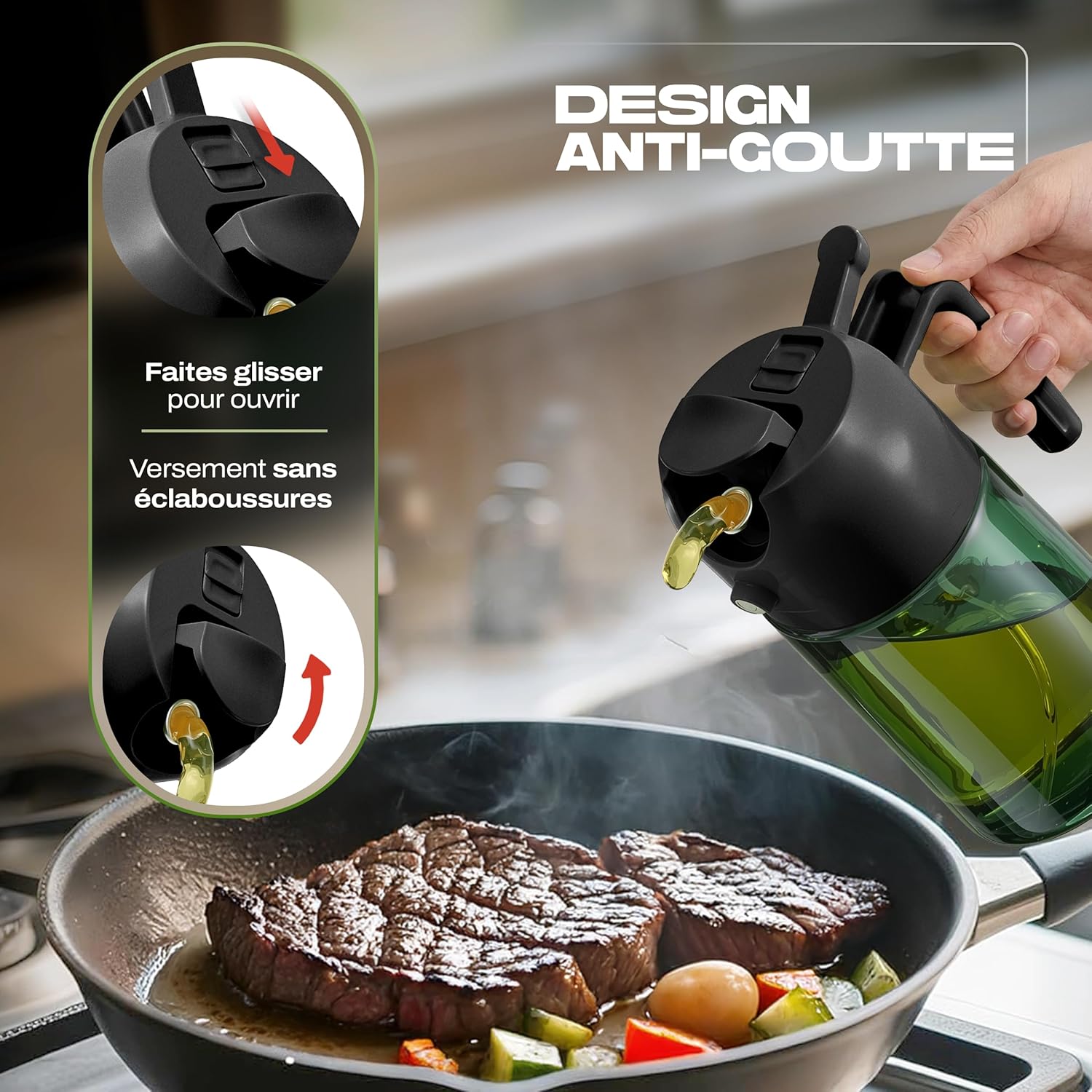 PORTENTUM - spray huile cuisine 2 en 1 470ml - verre vert, spray et verseur