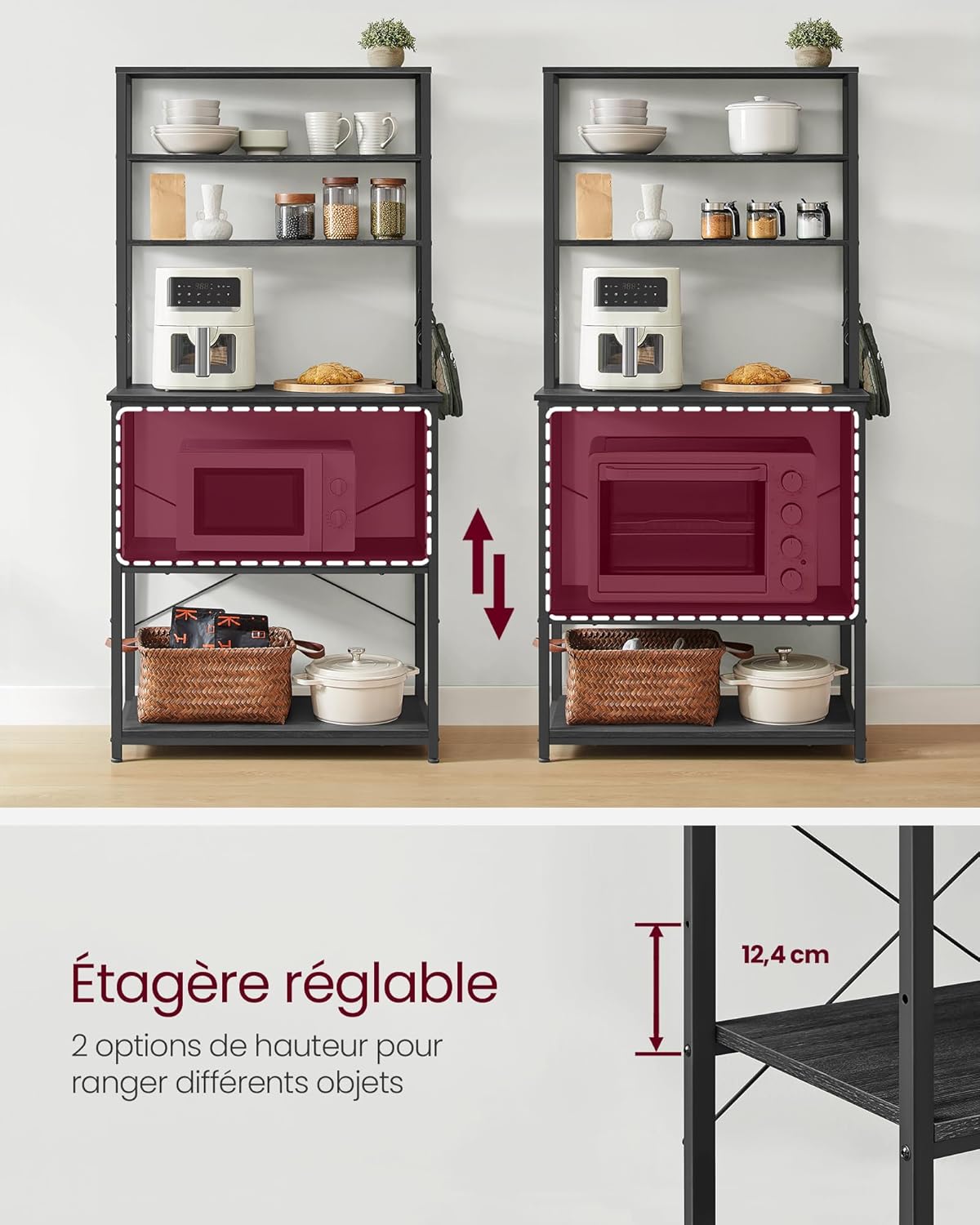 VASAGLE - étagère cuisine industrielle 40x80x167cm 6 niveaux 6 crochets KKS019B22