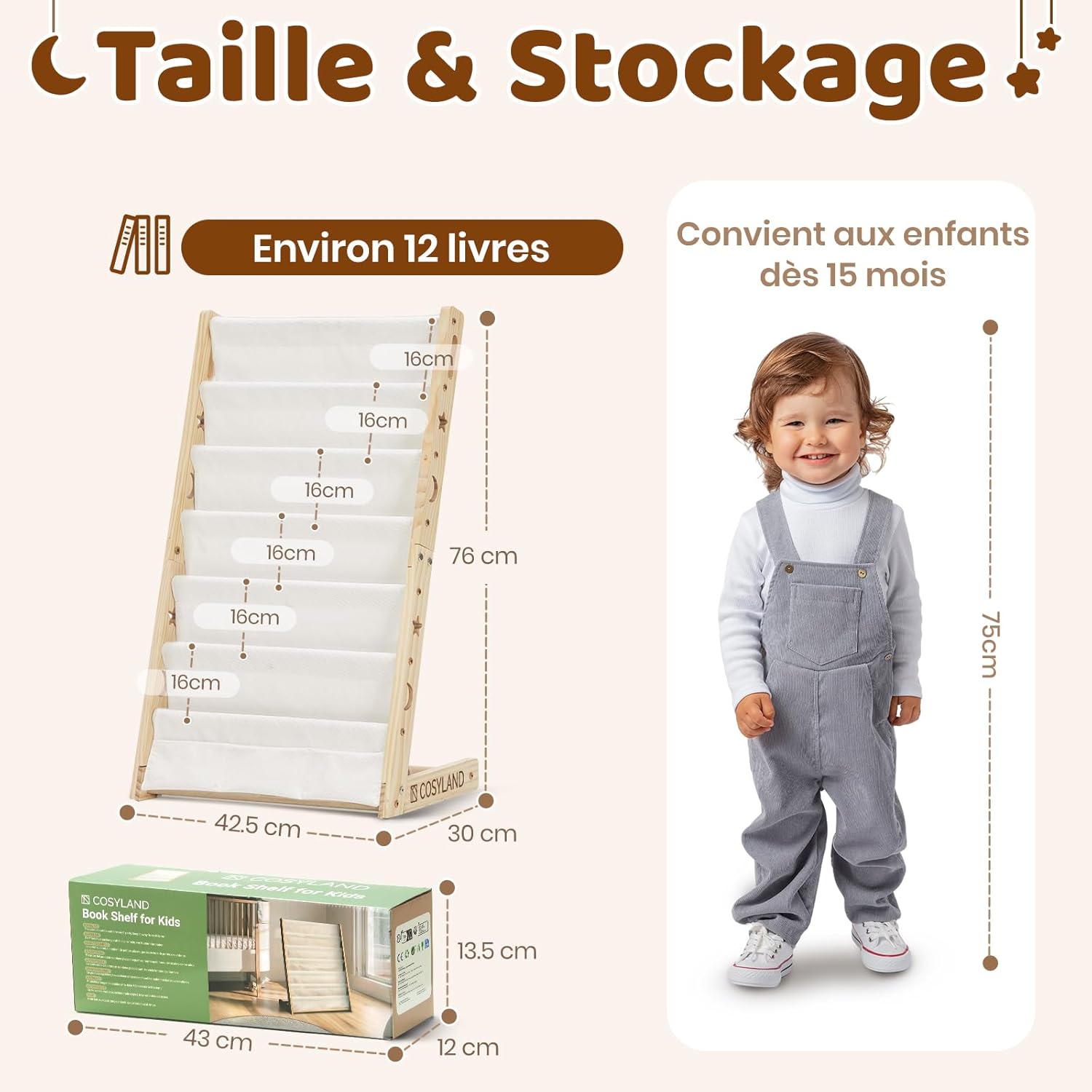 COSYLAND - Bibliothèque enfant 7 niveaux 42,5cm bois massif, stable