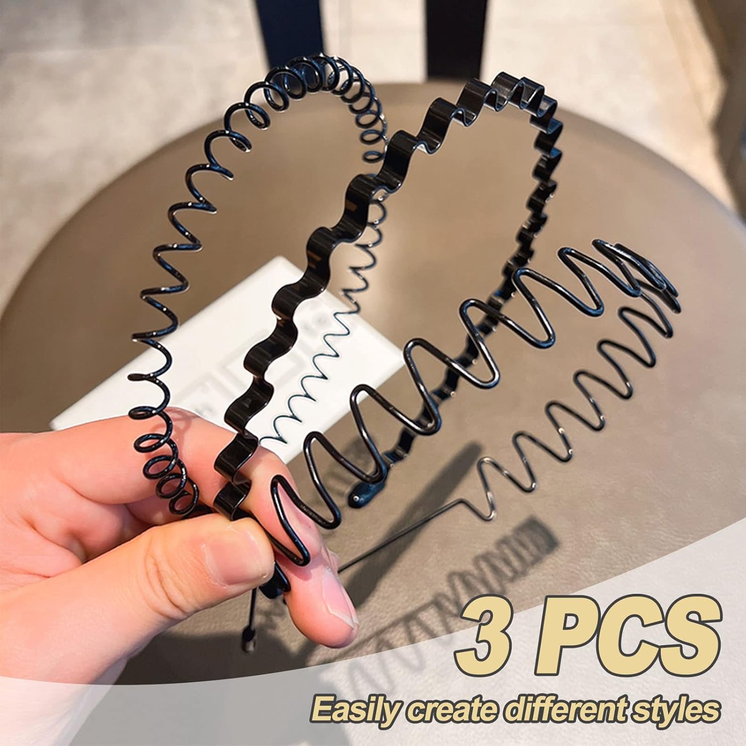 Serre-tête homme - bandeau métal noir - lot de 3 - antidérapant, ondulé