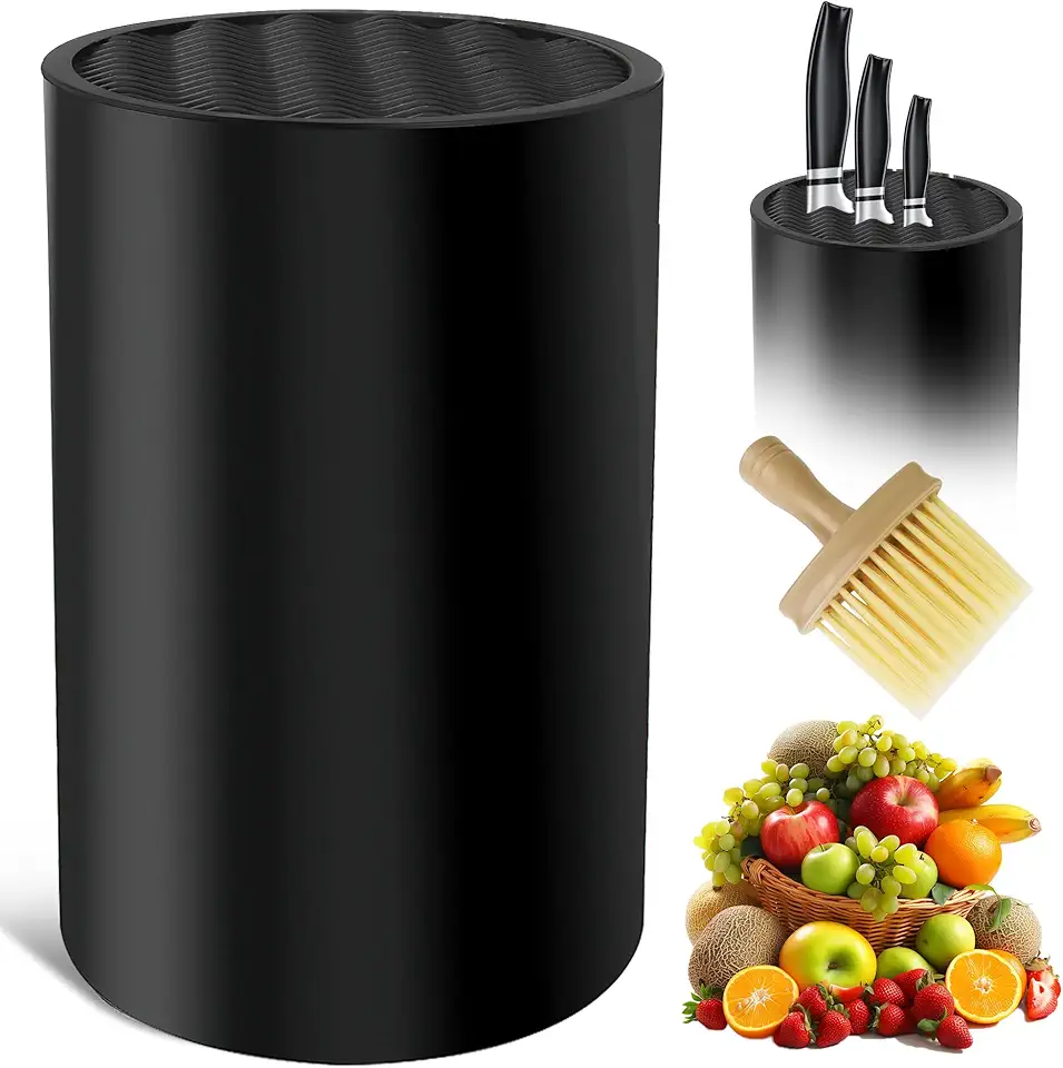 Bloc couteaux cuisine noir - design ondulé, support 20 couteaux - antidérapant, ventilé, rangement boîte