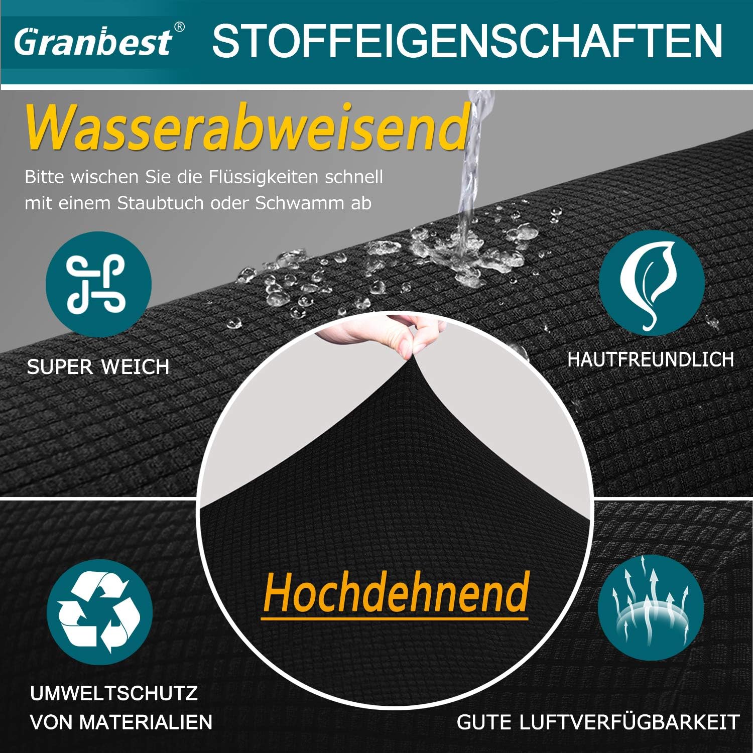 Granbest - Housse canapé stretch 4 places - imperméable, antidérapante, spandex, noir