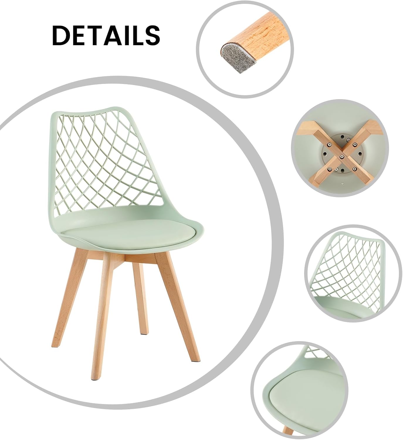 EGGREE - Chaises Scandinaves lot de 8 - Assise creusée, pieds hêtre, coussin, coloris vert