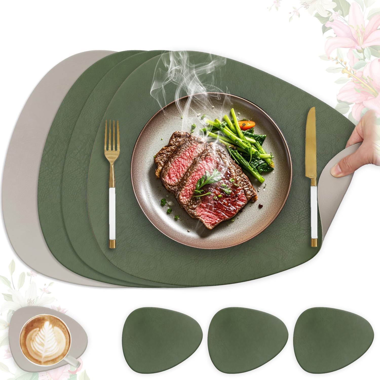 Set de table - Lot de 4, cuir PU double face, antidérapant, 41x33cm