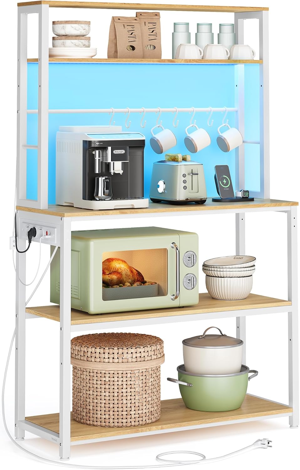 VASAGLE Étagère de Cuisine avec LED, Meuble de Cuisine avec Multiprise, Support pour Micro-Ondes avec Étagères Réglables, 8 Crochets, 40 x 80 x 168,4 cm, Doré Chêne et Blanc Mat KKS050YA01