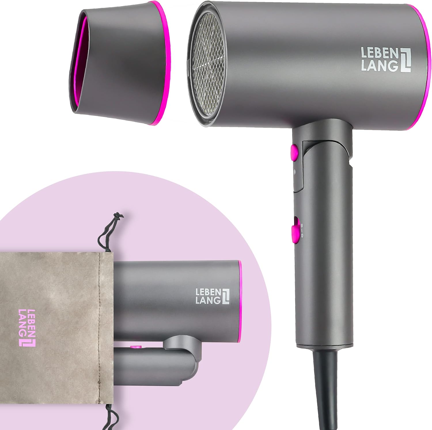 LEBENLANG - Sèche-cheveux ionique pliable 2100W, air froid, anti-fourches, Gris Seche Cheveux Ionique 2100W