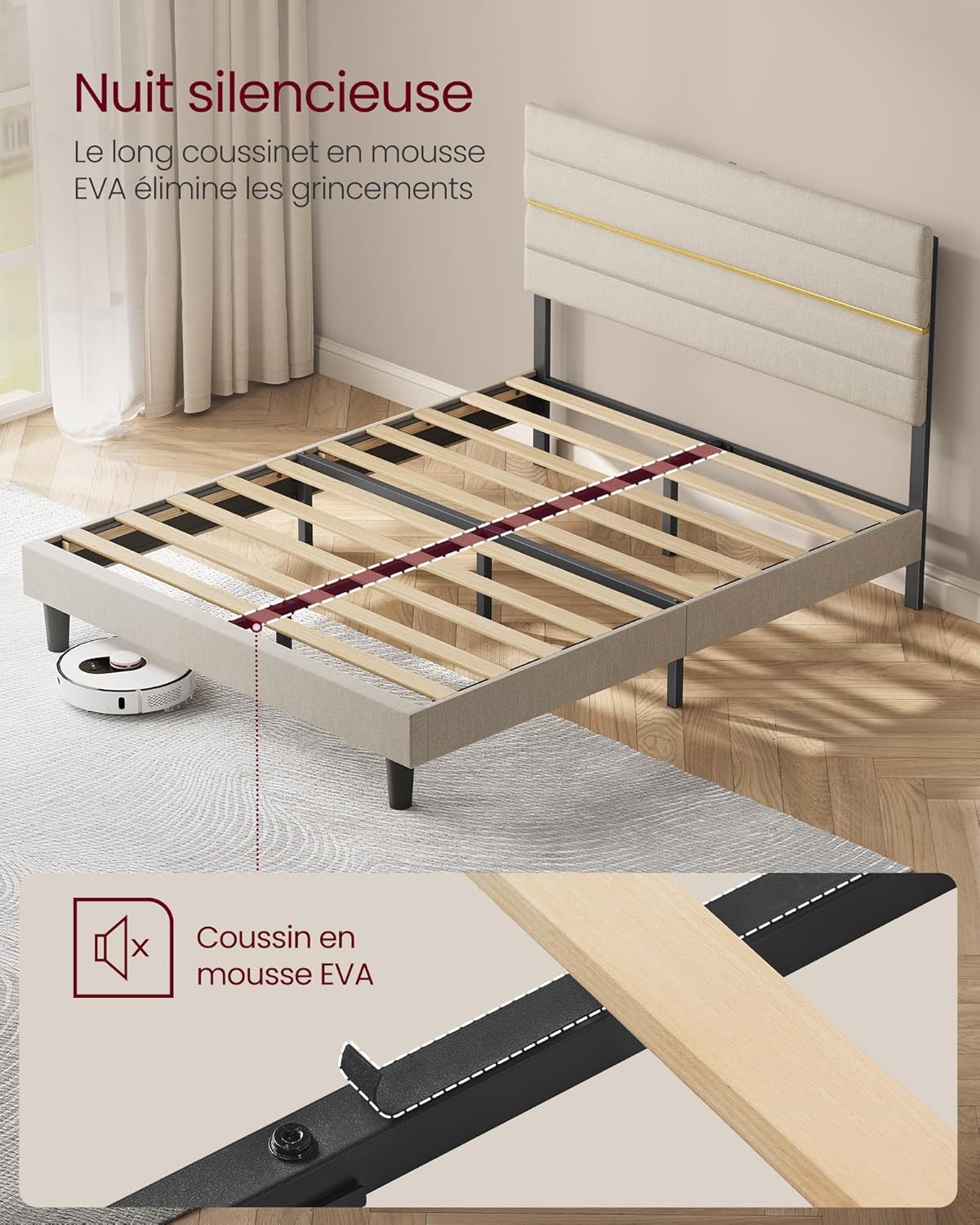 VASAGLE - lit double moderne - 140x190 cm - tête de lit rembourrée réglable, métal et bois massif - RMB503W01