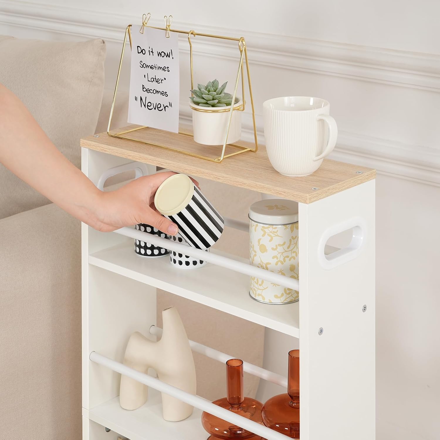 HOOBRO - desserte 4 niveaux, poignées, roulettes, blanc/bois, EWN15TC01