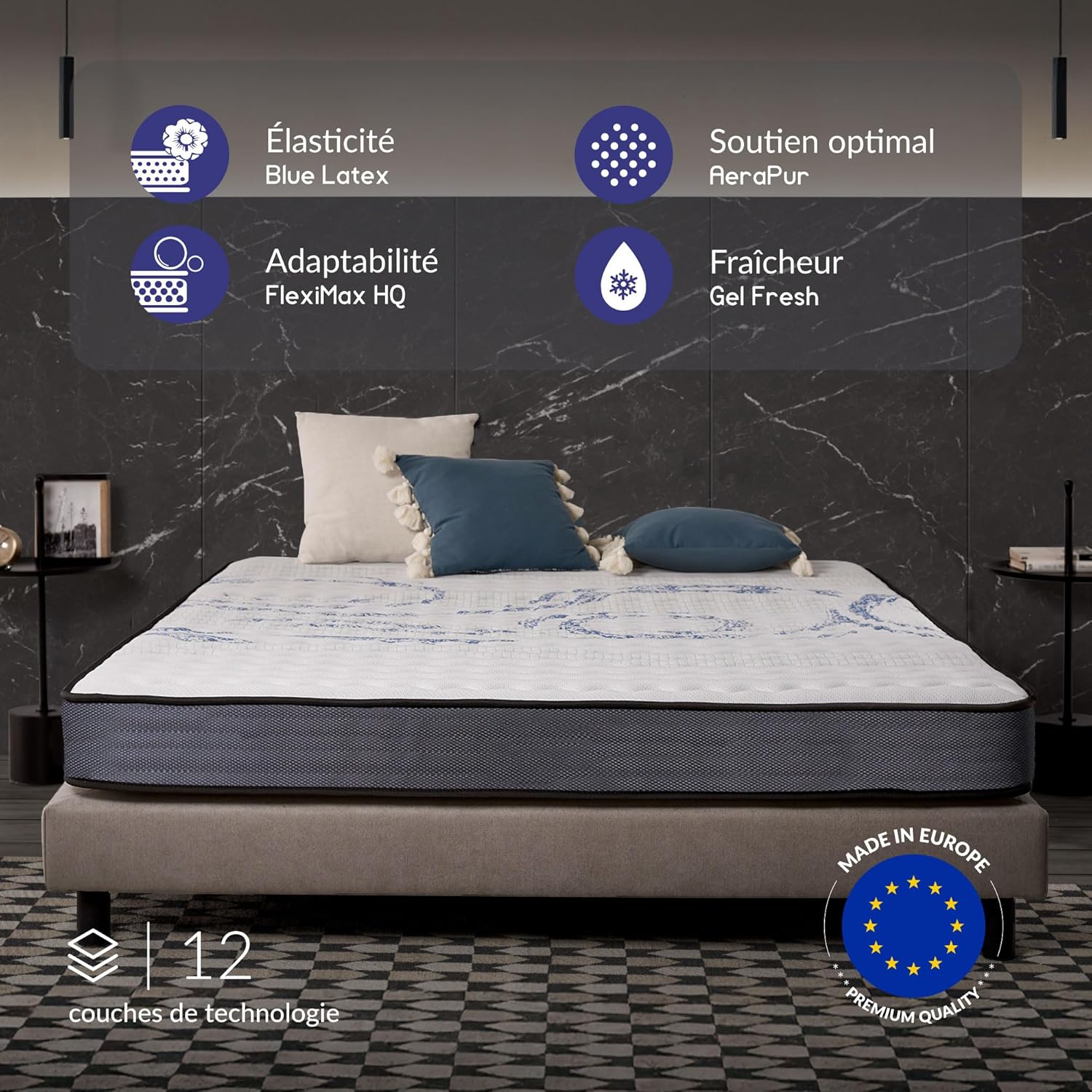NATURALEX - PerfectSleep - 140x190 cm - mémoire de forme, latex, 7 zones, réversible