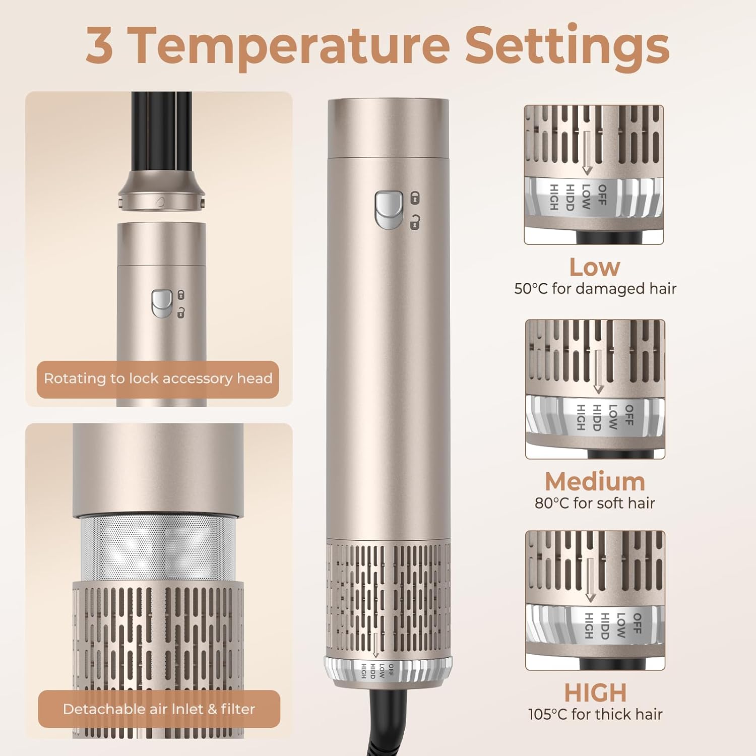 Mogawave - Air Styler 6 en 1 - 1000W - 3 températures, sèche, boucle, lisse