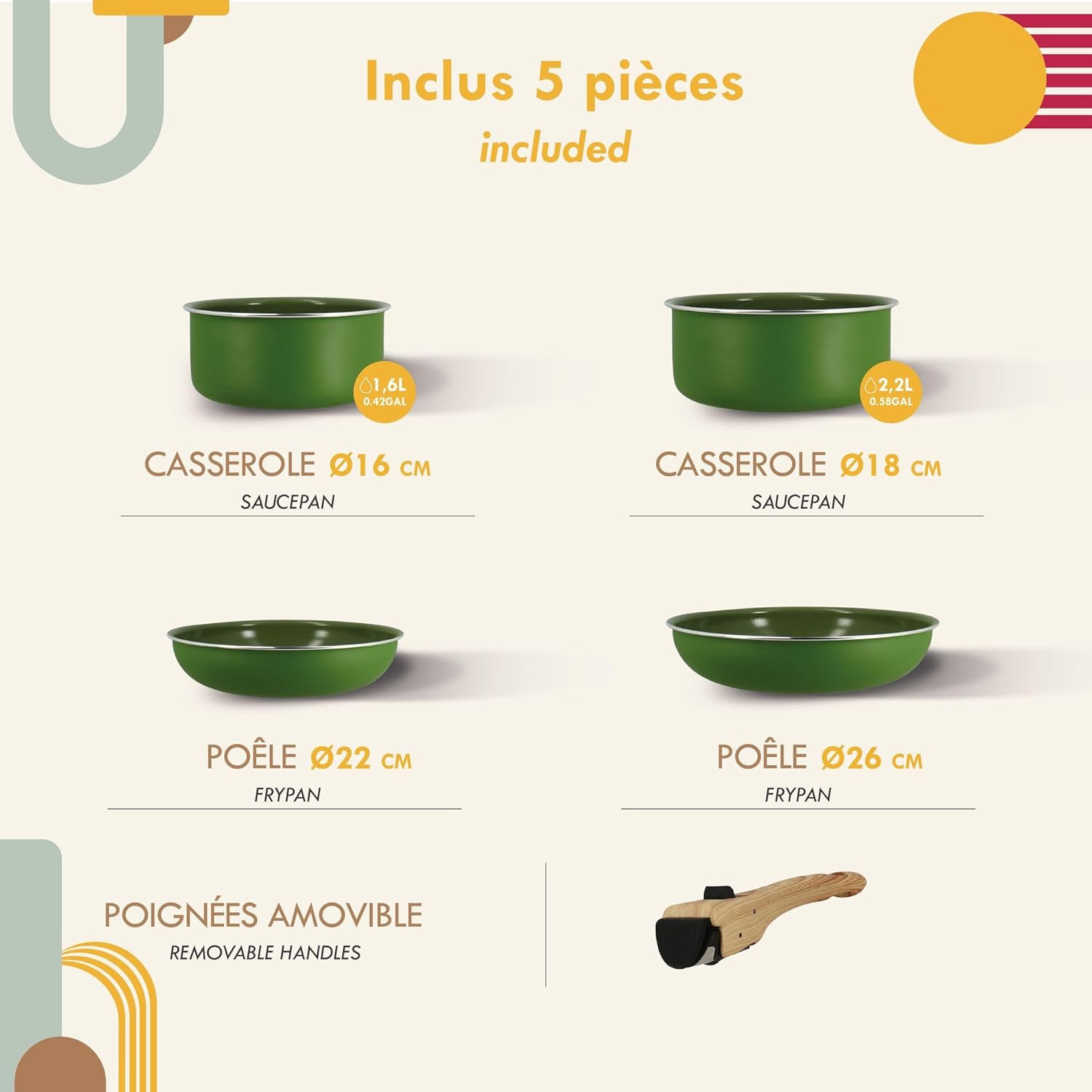 MENASTYL - Colorama batterie cuisine amovible, olive, induction, 4 pièces + poignée