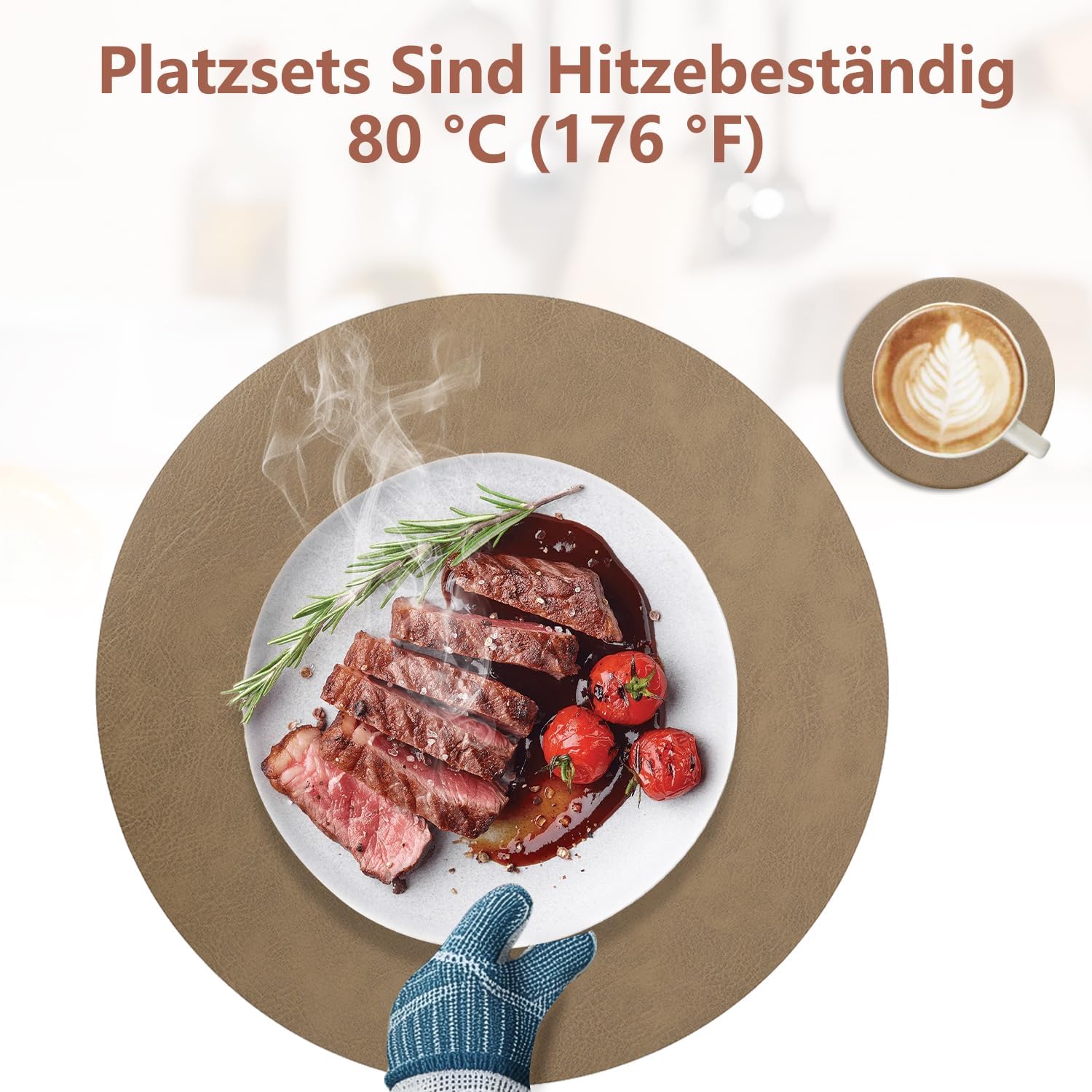 Set de Table - lot de 6 ronds PU double face 36x36cm, lavables, antidérapants, Kaki