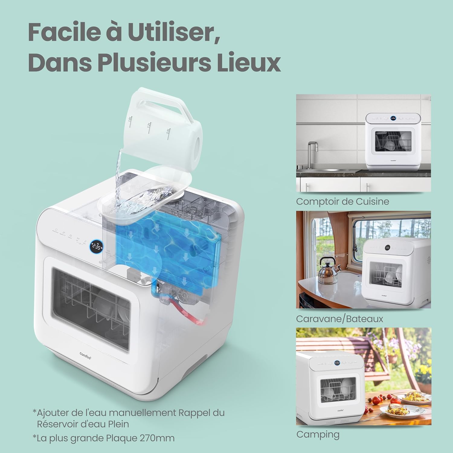 COMFEE' - Lave-vaisselle compact 3 couverts, 7 programmes, écran LED, démarrage différé - CDWMT305WD