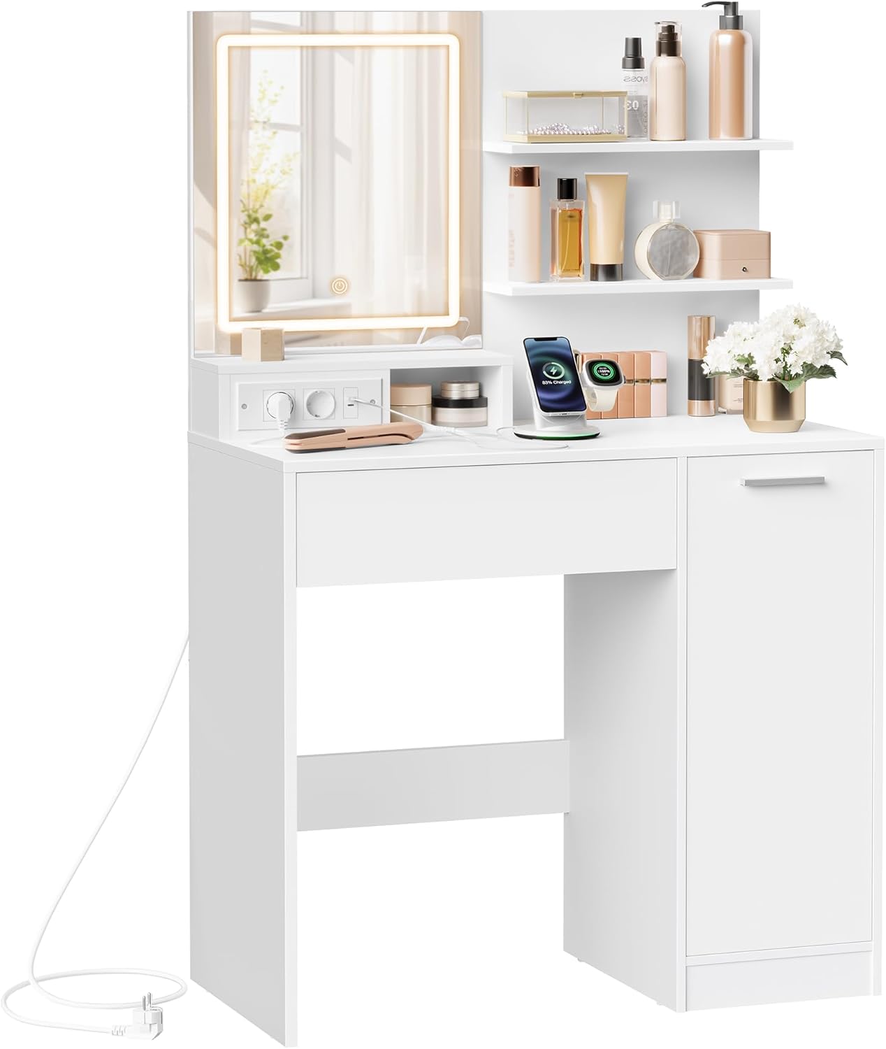 VASAGLE - Coiffeuse Kailyn, blanc, LED, multiprise, étagères, RDT138W01