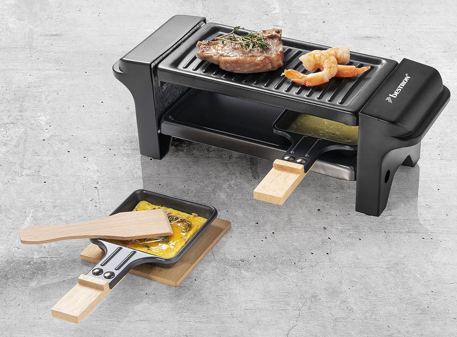 Bestron - mini appareil à raclette 2 pers - 350W, antiadhésif, noir/bois