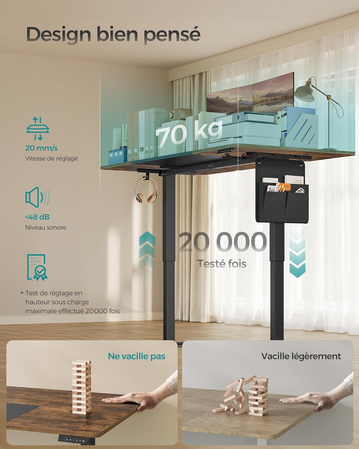 SONGMICS - bureau électrique réglable - 180x80 cm - mémoire 4 hauteurs, port USB-C, assis-debout, marron/noir - LSD028KD