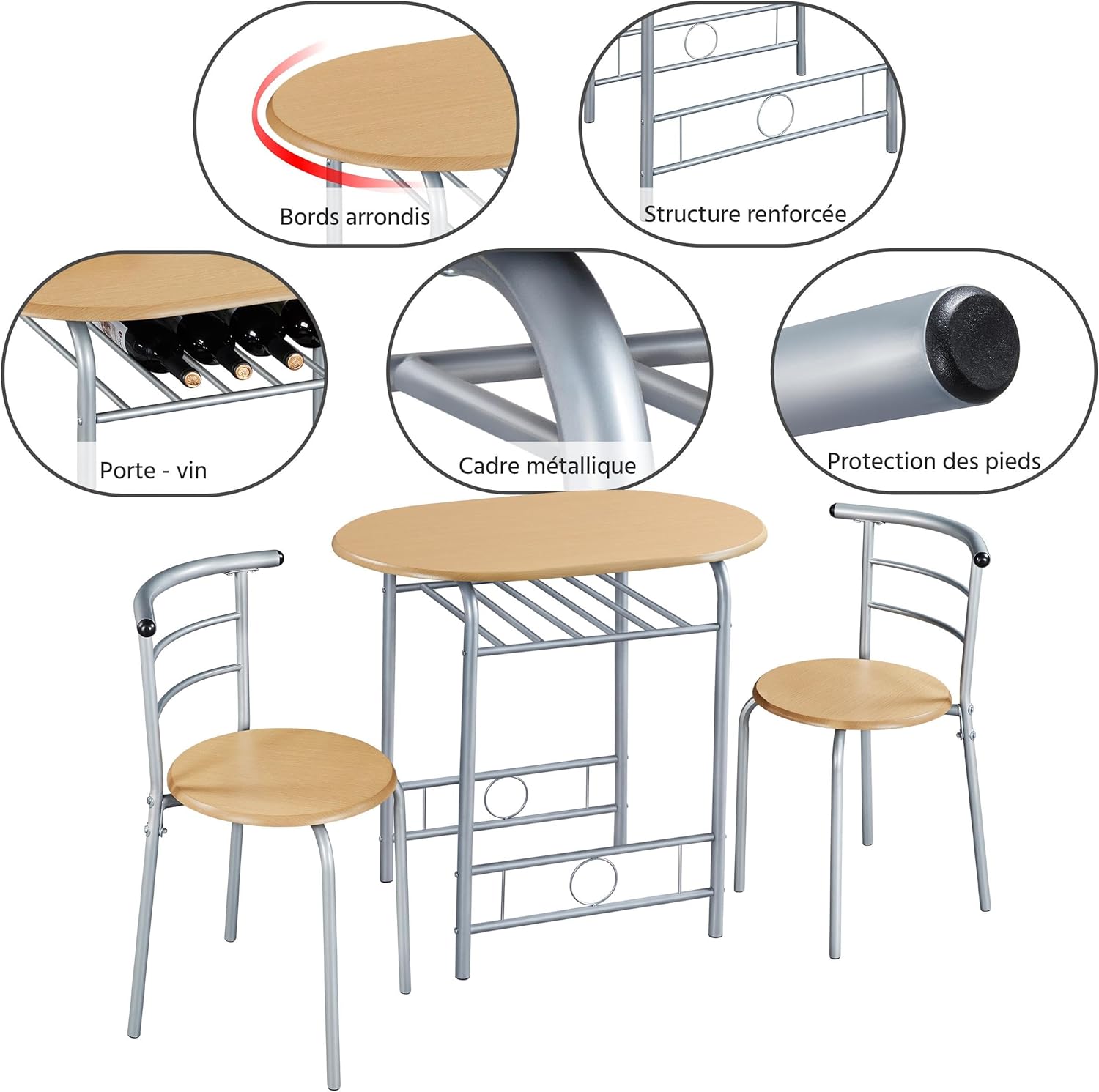 Yaheetech - ensemble table et 2 chaises, bois/argent, compact, porte-bouteilles