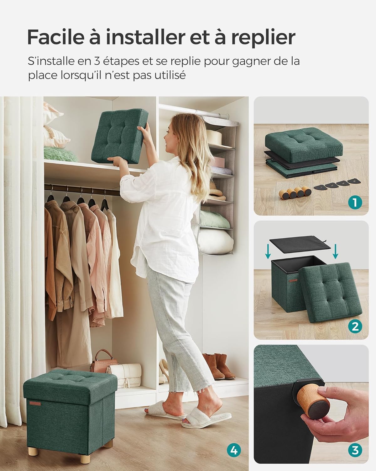 SONGMICS - Tabouret rangement pliable - 38x38x40 cm - 300 kg, vert rétro LSF014C11