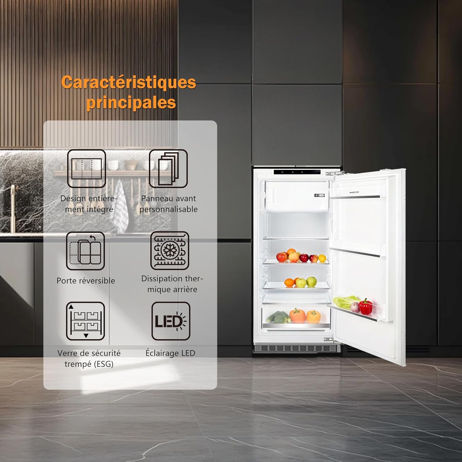 Réfrigérateur encastrable 122 cm, 188L, porte réversible, ultra silencieux