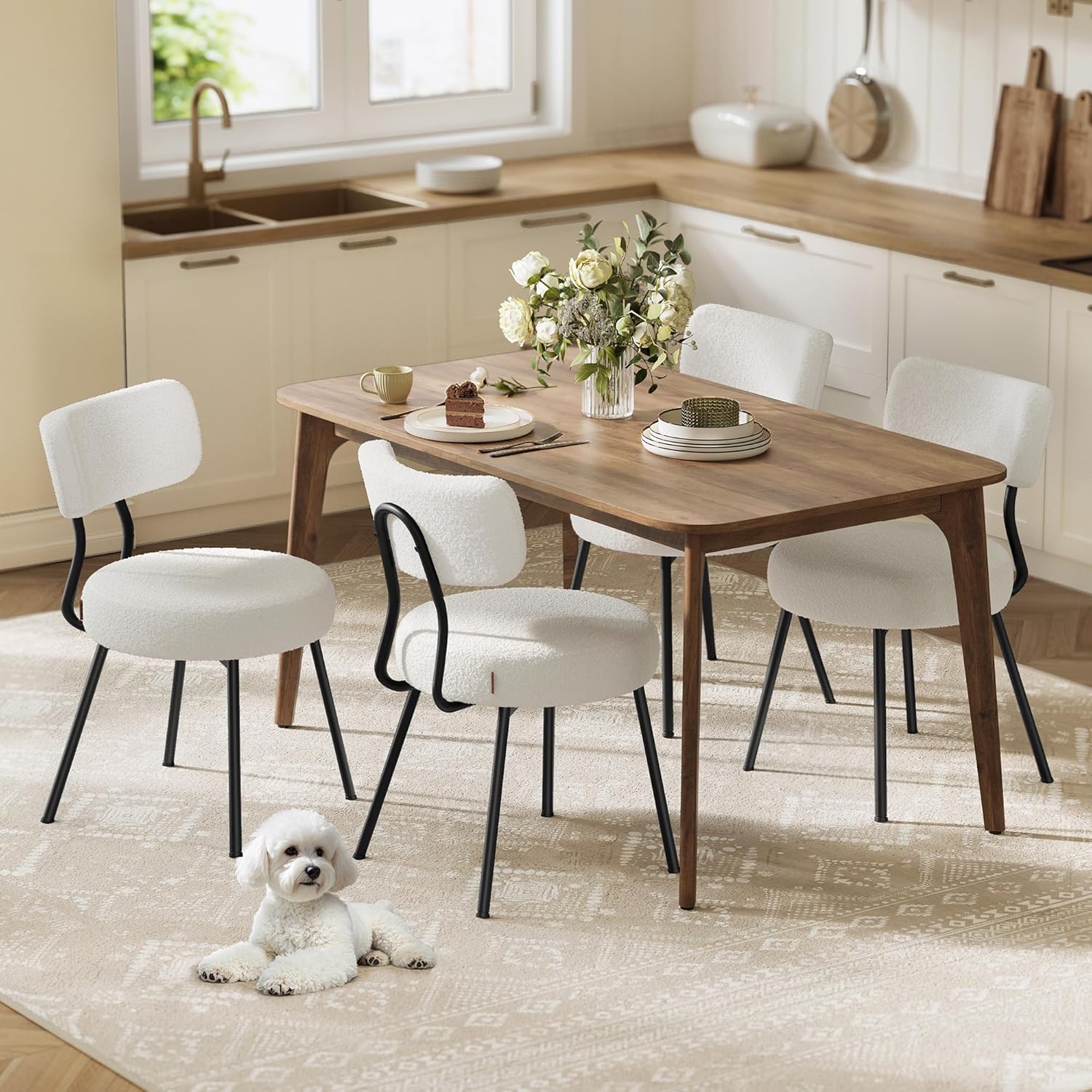 VASAGLE - Lot de 4 chaises modernes - acier, tissu peluche, dossier courbé, salle à manger, blanc crème - KDC110W14