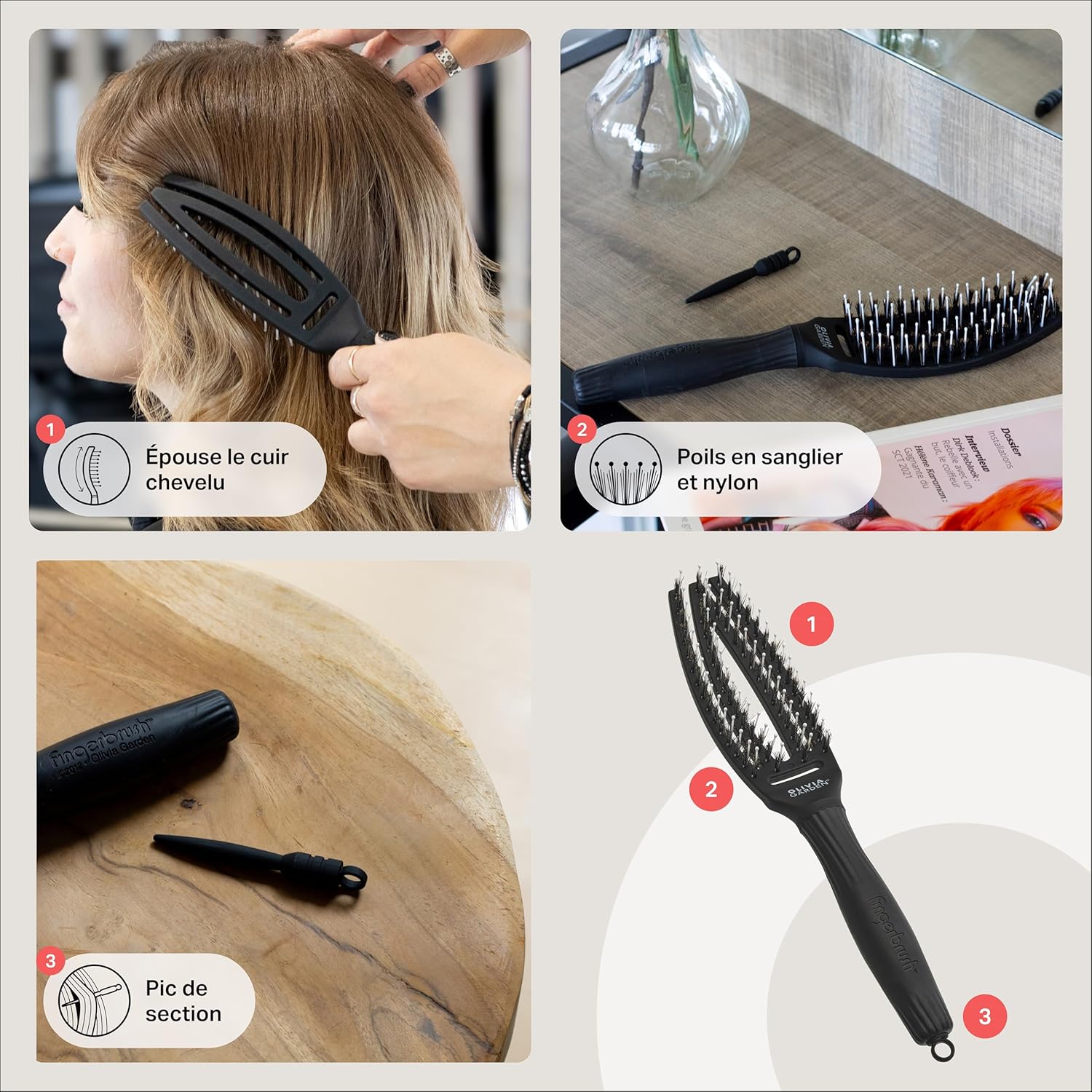 Olivia Garden - Fingerbrush Care Iconic - brosse démêlante, poils sanglier & nylon, brillance ultime