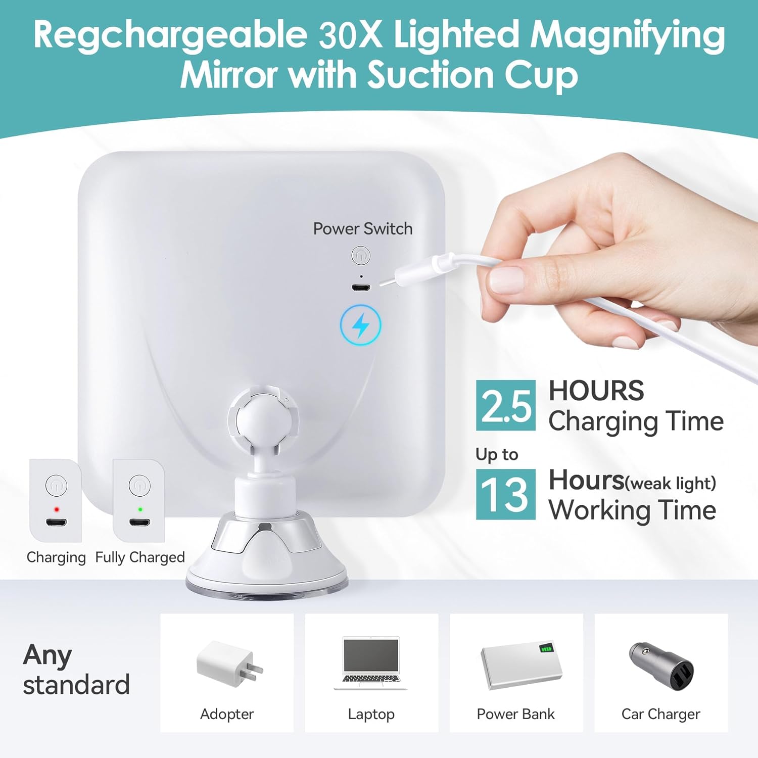 Miroir grossissant - carré 30x - lumineux, tactile, ventouse, rechargeable, rotation 360°