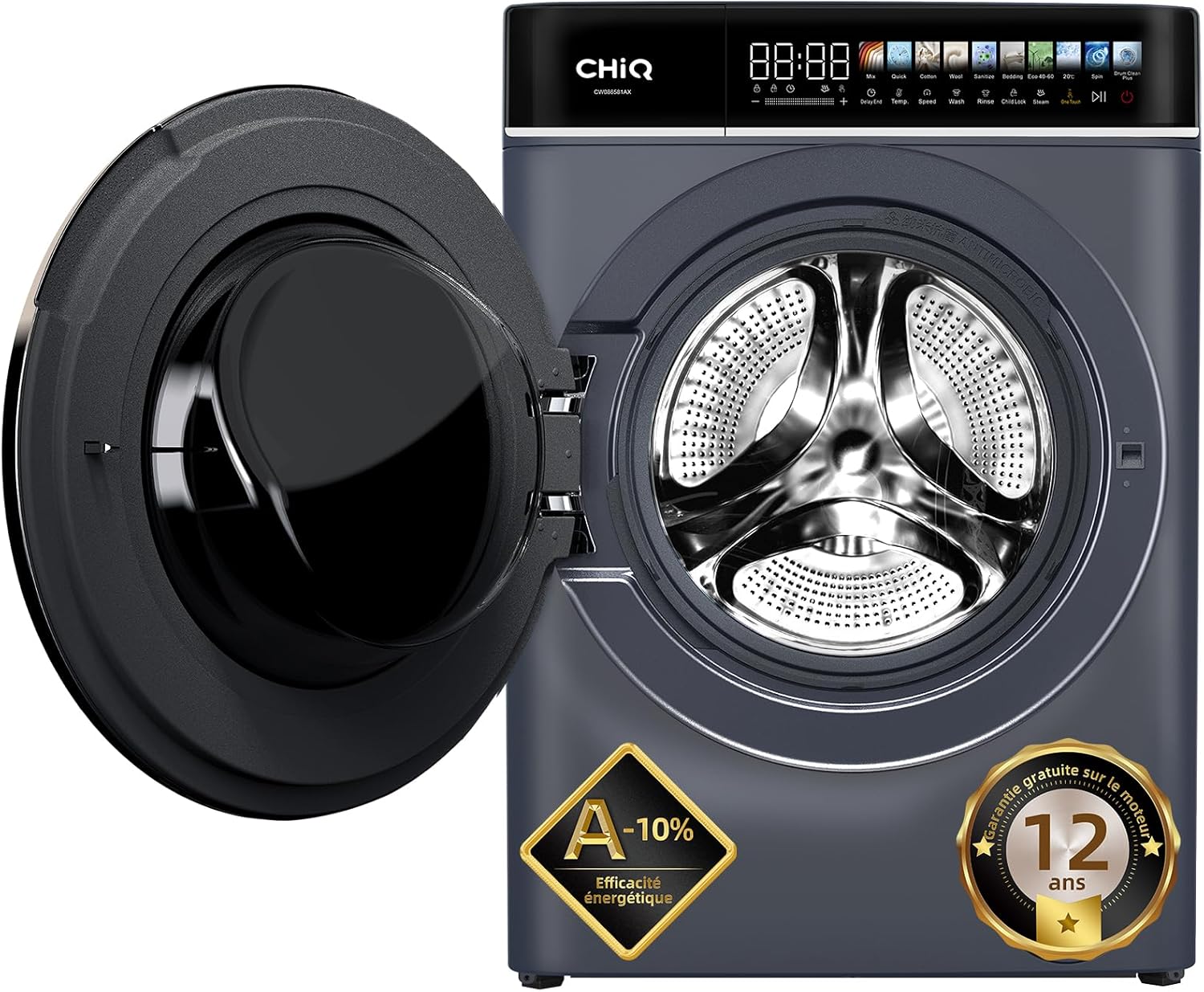 CHiQ - lave-linge 8 kg - écran LED tactile, vapeur, 1400 tr/min - CW086581AX