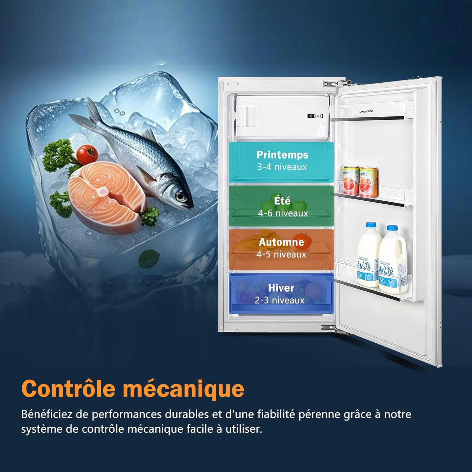 magictec - Réfrigérateur encastrable 188L, niche 122cm, congélateur, poignées interchangeables