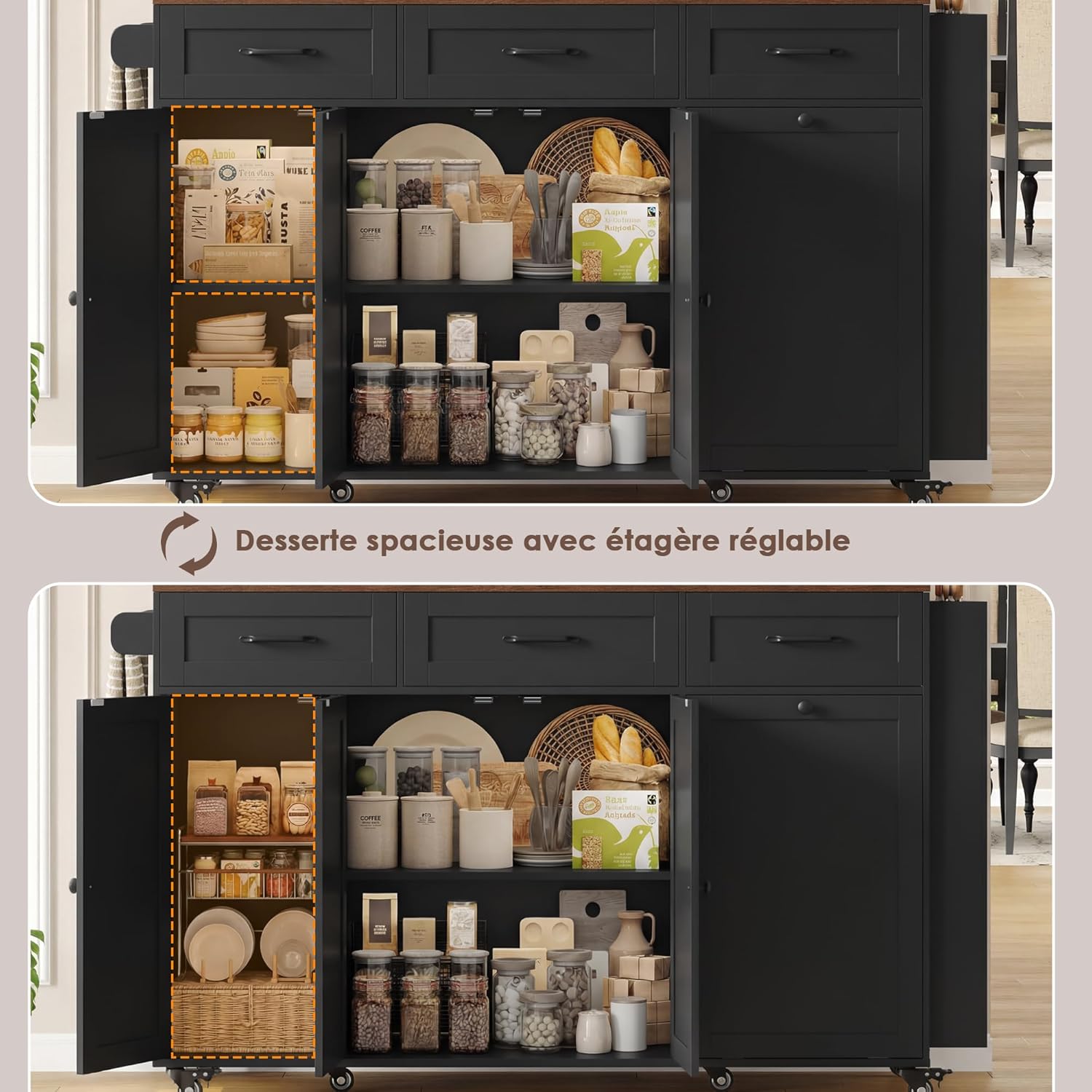 FirFurd - Ilot cuisine pliable sur roulettes, 135x60x88cm, USB et rangement