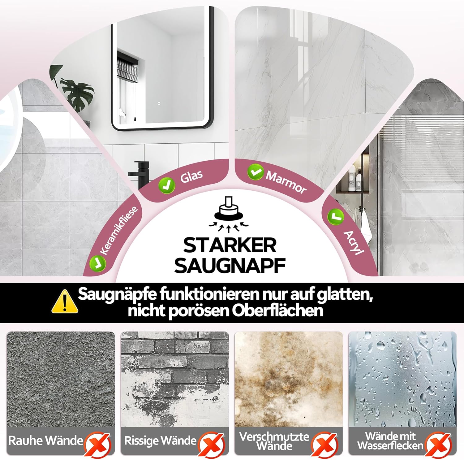 Miroir grossissant - 30x - éclairage LED, ventouse, lumière variable, blanc