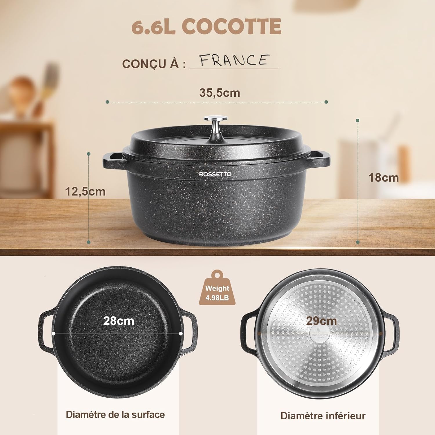Rossetto - Cocotte ronde 28cm - fonte alu, céramique, induction, 6,6L