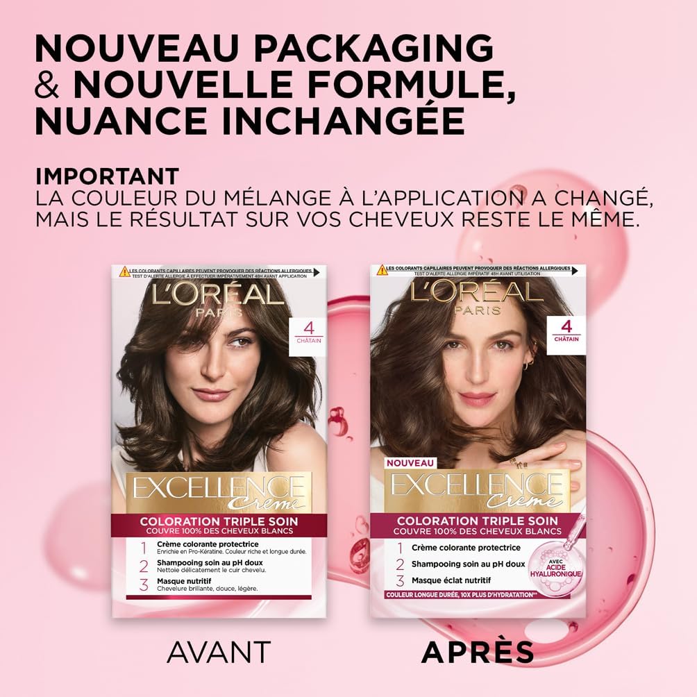 L'Oréal Paris - Excellence Crème - coloration permanente, châtain auburn, couvre cheveux blancs