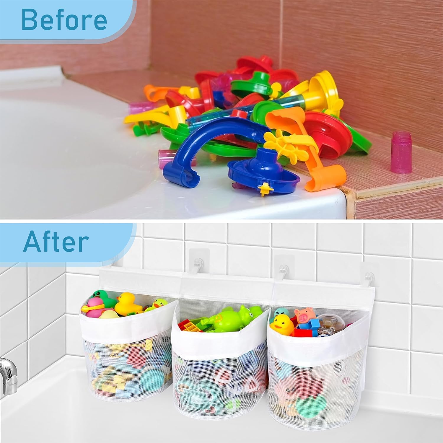 Filet de rangement jouets bain 3 compartiments, grande capacité, maille respirante, 4 crochets adhésifs