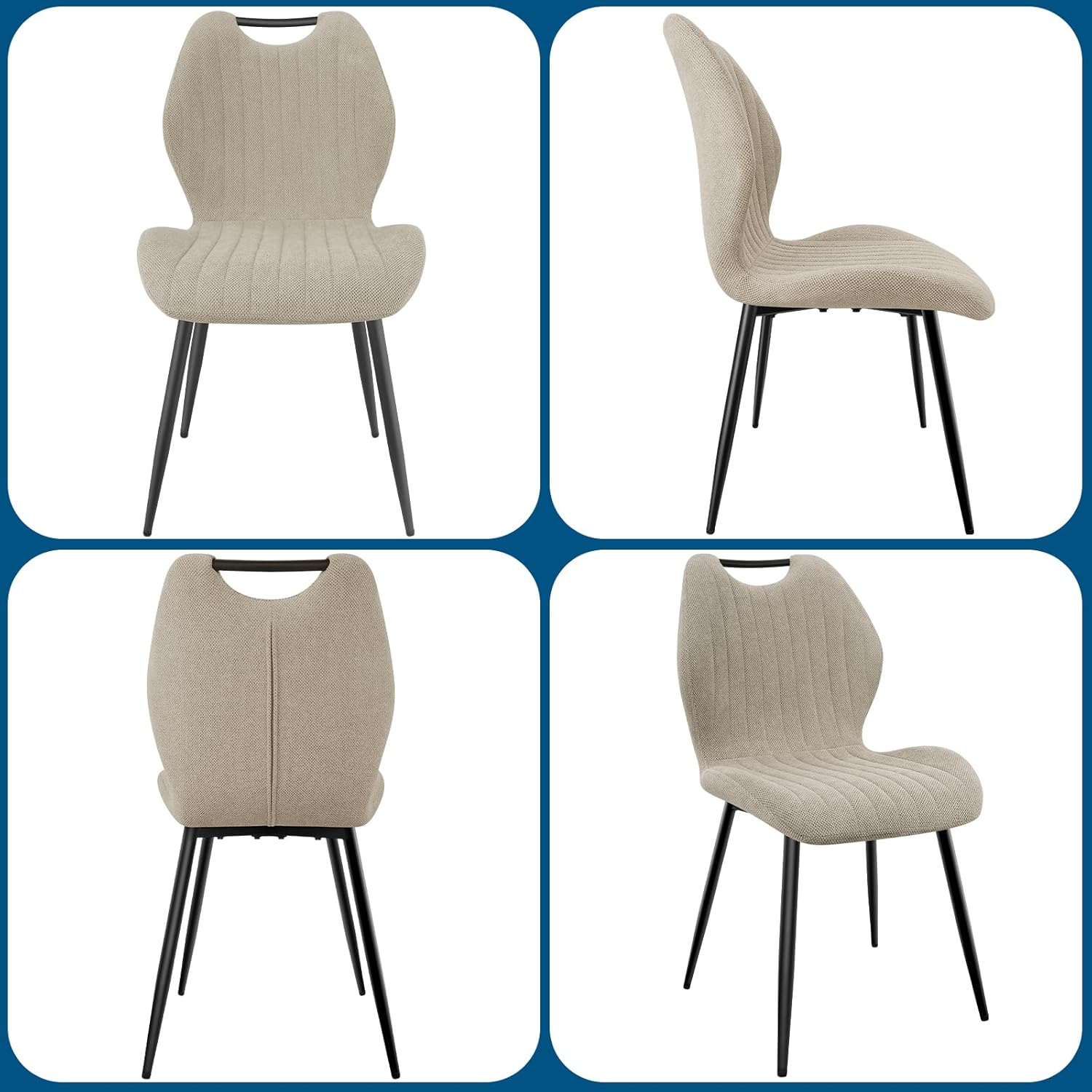 Chaises de salle à manger - Lot de 6 - tissu gris brun, pieds métal, dossier confortable