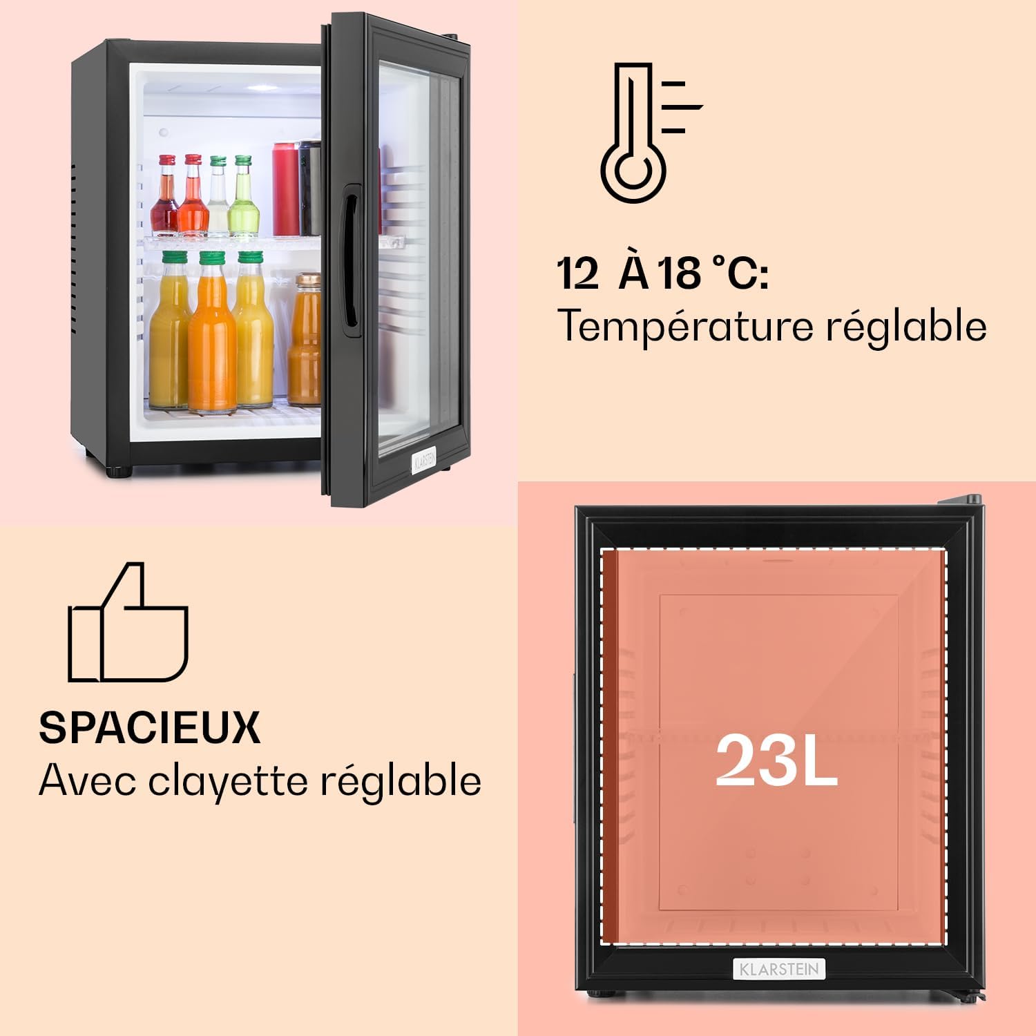Klarstein - Brooklyn Mini Frigo - 23L - porte vitrée, silencieux, 12-18°C