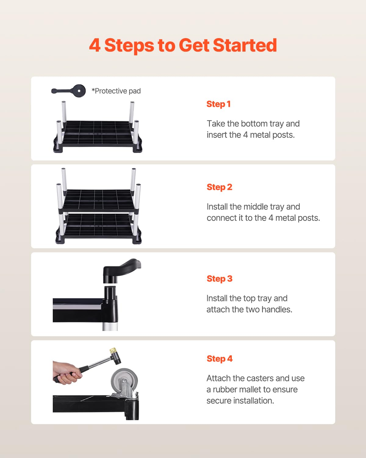 VEVOR - chariot de service 3 niveaux 1060x490x980mm, roulettes pivotantes