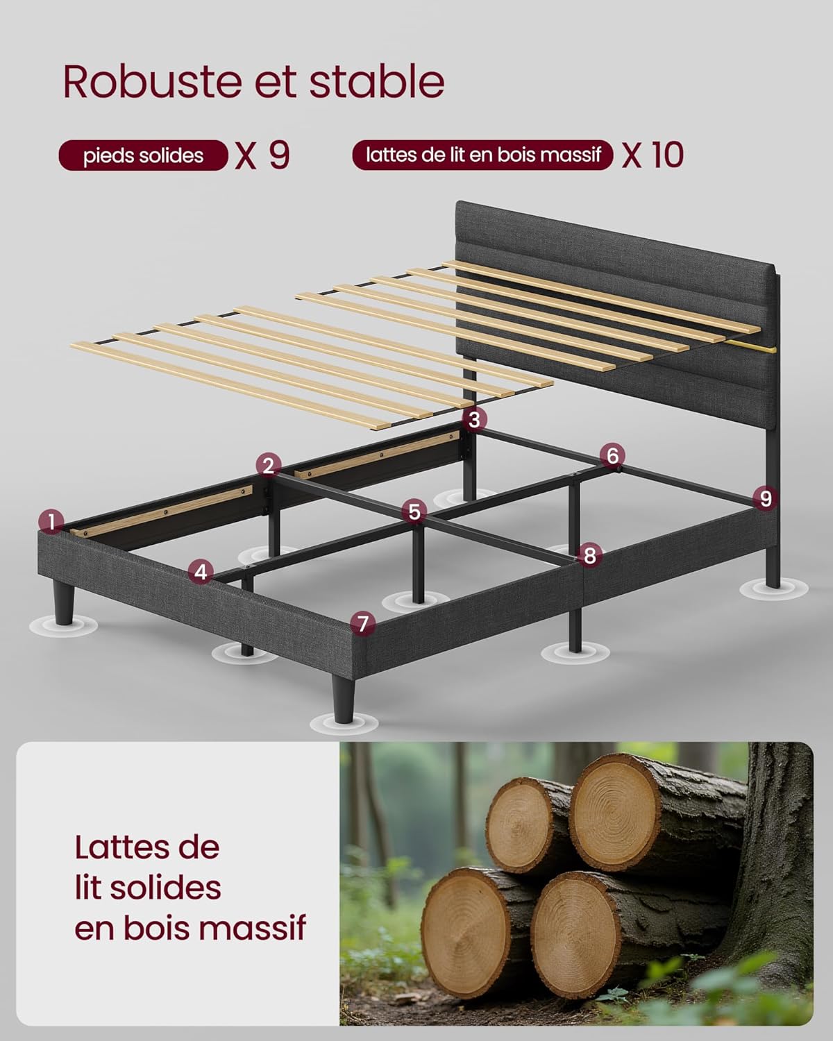 VASAGLE - lit double série RMB503G01 - 140x190 cm - métal, bois massif, tête de lit ajustable, gris ardoise RMB503G01