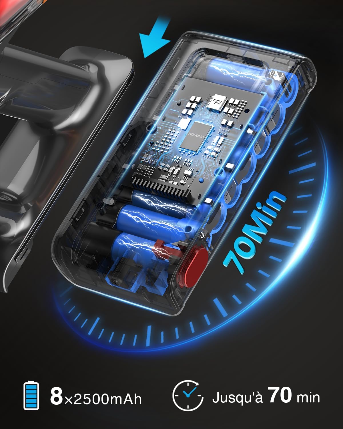 Aspirateur balai sans fil, 1,6L, écran OLED, 70min, 650W, 55KPA