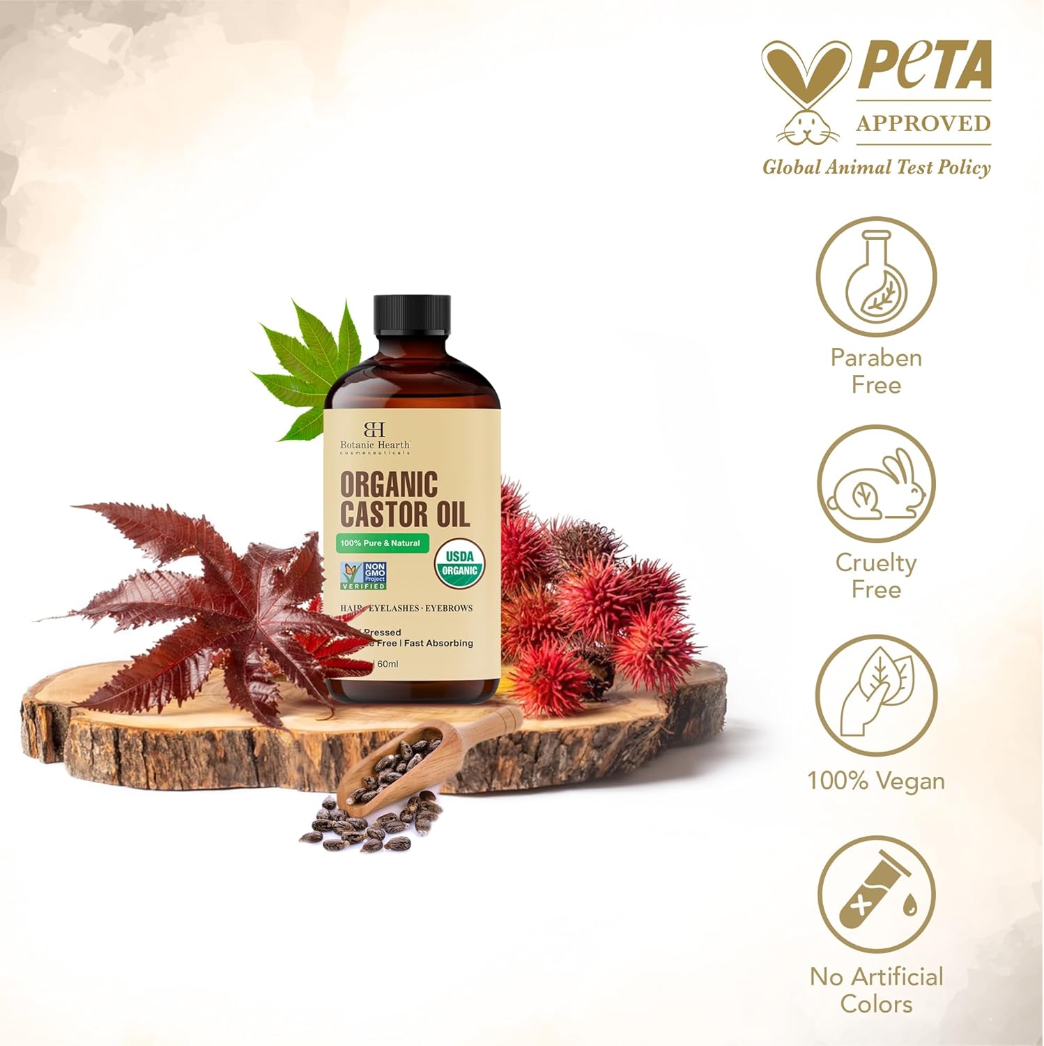 Botanic Hearth - huile de ricin bio 60ml - 100% pure, cold-pressed, avec brosses