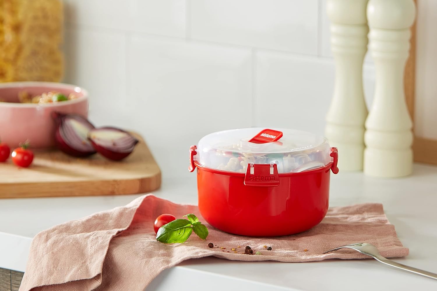 Sistema - Micro-ondes Bol rond - 915ml - Sans BPA, Rouge/Transparent
