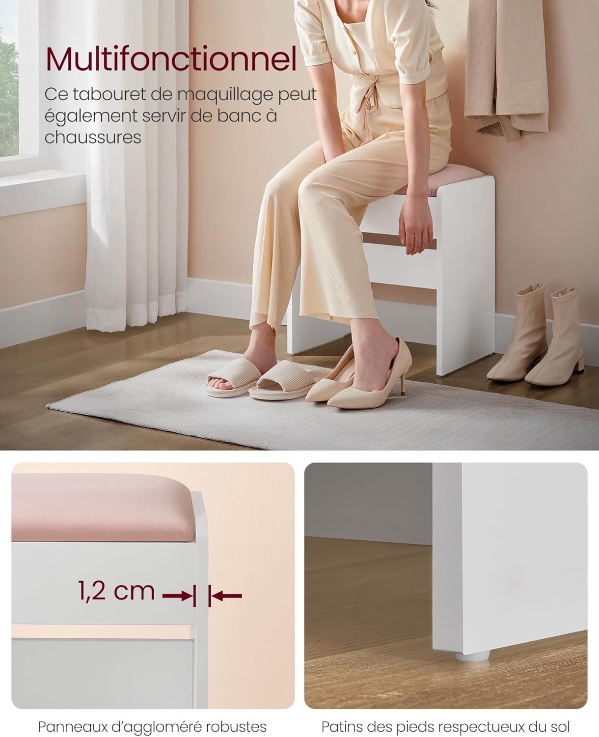 VASAGLE - Kailyn Collection - assise velours, pieds antidérapants, blanc/rose, RDS001W01