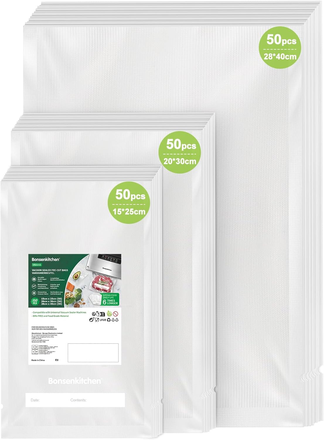 Bonsenkitchen - sacs sous vide alimentaire - 3 tailles 150 pièces - sans BPA VB3215